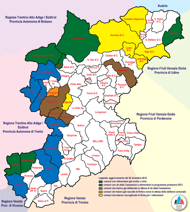 mappa "stato dei referendum" comunali in provincia di Belluno - agg. 2 dic 2012